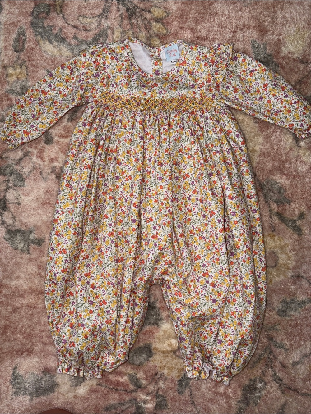 Floral Smocked Long-Sleeve One-Piece Romper - Yellow Floral